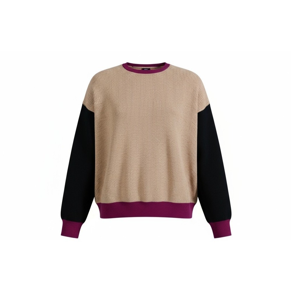 xpress Women's L Colorblock Knit Sweater Tan Black Fuchsia Relaxed Fit Pullover